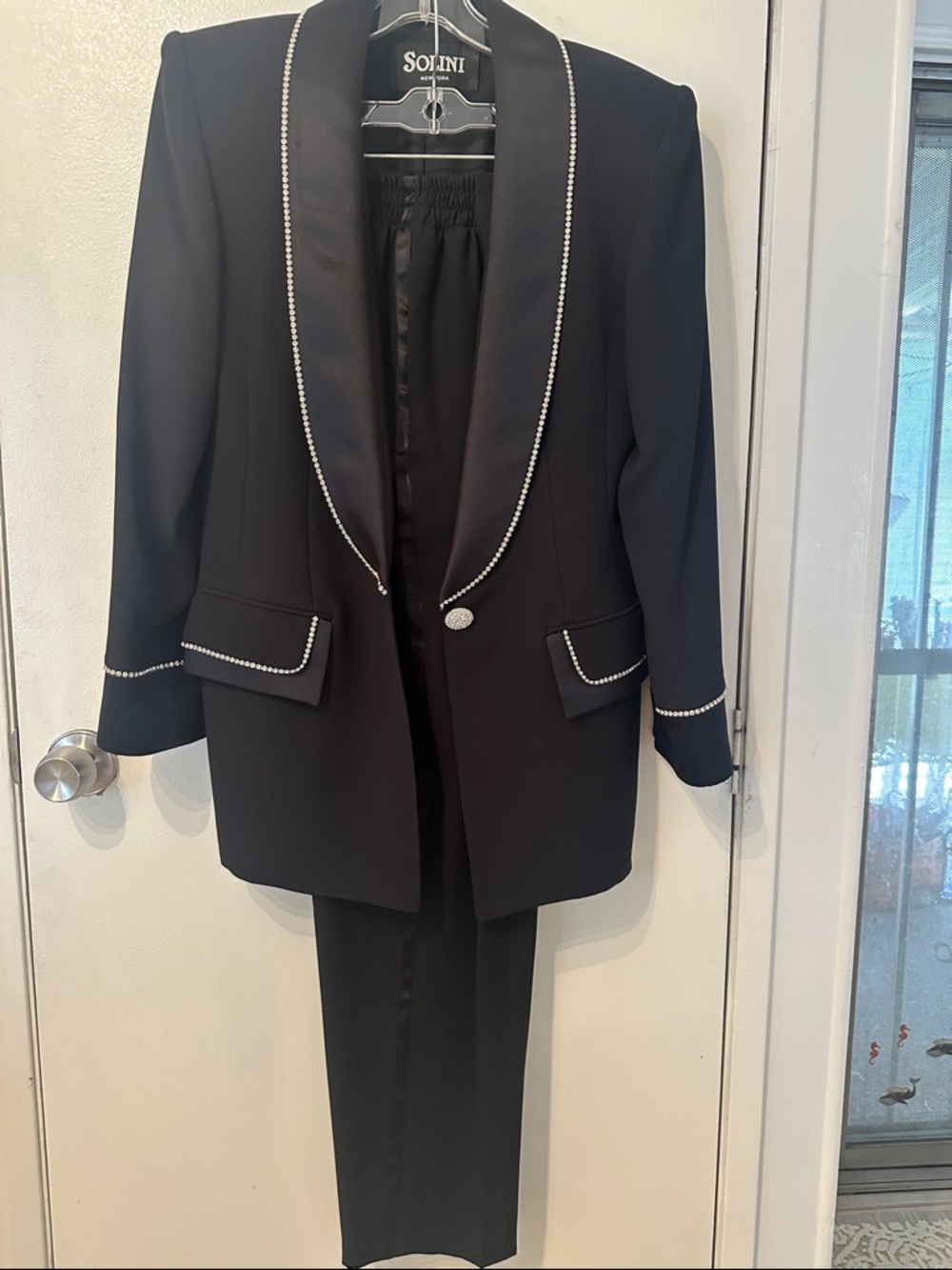 Black Rhinestone-Trimmed Tuxedo Blazer and pants
